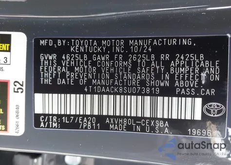2025 Toyota Camry Se from USA, damaged, VIN 4T1DAACK8SU073819